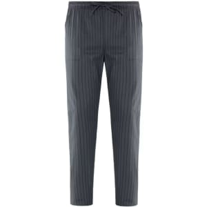 Enrico Pants in grey with pinstripes, featuring an elastic waistband and drawstring. Includes pockets.