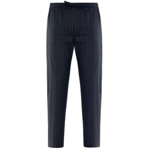 A pair of navy blue striped pants with an elastic waistband and drawstring. The pants feature two side pockets.