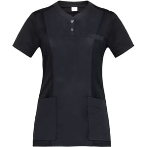 A navy tunic with short sleeves, featuring a button-fastened collar and two front pockets. It has a logo.