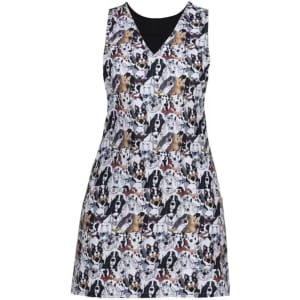 A sleeveless pinny featuring a vibrant pattern of various dog breeds in black, white, and brown tones.