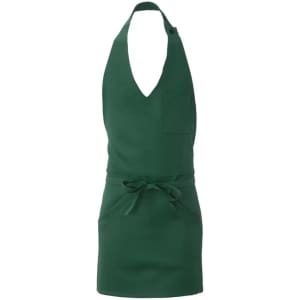 A green apron with a V-neck design and a front pocket, featuring a tied waist. It has a logo on it.