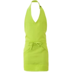 A bright lime green apron with a V-neck design, featuring a pocket and ties at the waist. It has a branding logo.