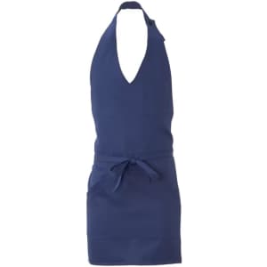 A navy blue apron featuring a halter neck design, adjustable straps, and a front pocket. It has a branding logo.