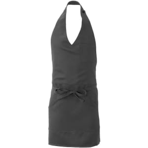 A dark grey apron with a halter neck design and a front pocket, featuring a tied waist strap.