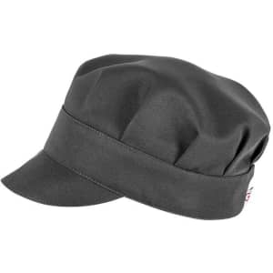 A grey cap with a wide brim and structured design, featuring a logo on the side.