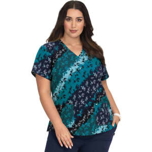 A patterned top in shades of teal, navy, and black, featuring a v-neck and short sleeves. It has a logo.
