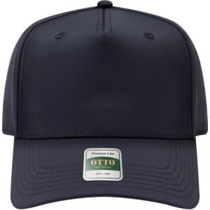 A navy blue 5-panel pro style cap with a branded label on the front.