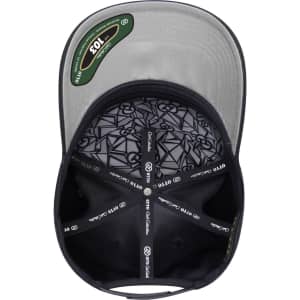 A grey and black 5-panel cap with a logo, featuring a patterned interior.