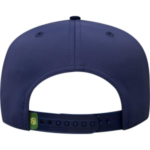 A navy blue 5-panel cap featuring a snapback closure and a logo on the side.