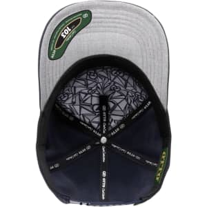 A grey and navy 5-panel cap with a logo and patterned lining, viewed from above.