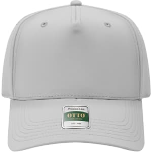 A grey 5-panel pro style cap featuring a logo on the front and ventilation holes on the sides.