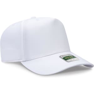 A white five-panel pro style cap with a curved brim and a logo on the front.