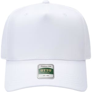 A white 5-panel cap featuring a logo on the front, designed in a pro style.