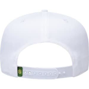 A white five-panel cap with a snapback closure and a small logo on the strap.