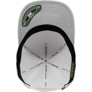 An interior view of a grey cap featuring a branded logo and a structured design.
