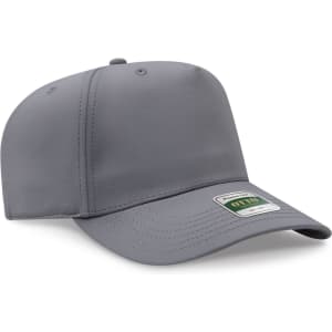 A grey 5-panel cap with a curved brim and an attached logo. The cap features ventilation holes on the top.