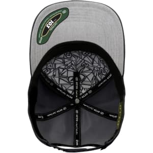 A grey 5 panel cap featuring a patterned interior and a logo, showcasing the interior design and structure.