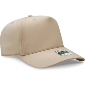 A beige 5-panel cap featuring a logo on the front and a curved peak. Ideal for casual headwear.