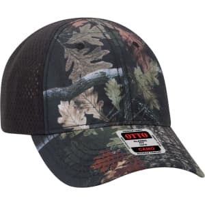 A six-panel baseball cap in camouflage design, featuring a black mesh back and a logo on the front.