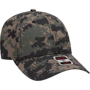 A camouflaged 6 panel baseball cap featuring a logo, showcasing shades of green and brown.