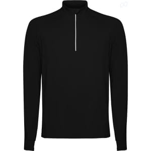 A black half zip sweatshirt with long sleeves and a small zip detail at the neck. Features a logo.
