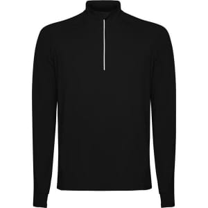 A black half zip sweatshirt with long sleeves and a small zip detail at the neck. Features a logo.