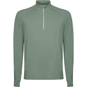 A light green half-zip sweatshirt with long sleeves and a collar, featuring a logo on the chest.