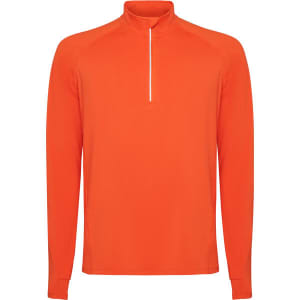 An orange half-zip sweatshirt with long sleeves and a collar, featuring a small front zip and a logo.