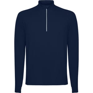 A navy half-zip sweatshirt with long sleeves, featuring a white zip detail and a branding logo.
