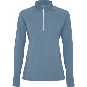 A half zip sweatshirt in a soft blue colour, featuring long sleeves and a minimalistic design. It has a small logo.