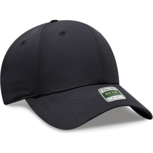 A black low profile cap with a six-panel design and a subtle branding tag.