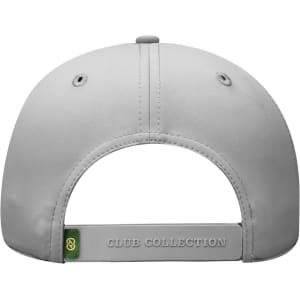 A grey low profile cap with a back strap and a logo. The design features six panels for a structured fit.