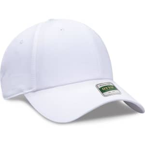 A white low profile cap with a six-panel design and a logo on the side.