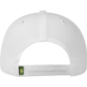 A white low-profile cap with a rear strap and a logo, featuring ventilation holes.