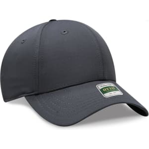 A grey six-panel cap with a curved brim and a small logo on the side.