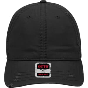 A black 6 Panel Low Profile Dad Cap with a logo on the front and relaxed fabric design, featuring visible stitching details.