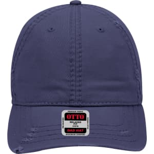 A navy blue 6 Panel Low Profile Dad Cap with distressed detailing and a logo on the front label.