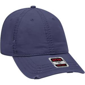 A navy blue 6 panel dad hat featuring a slight distressed look and a logo on the front.