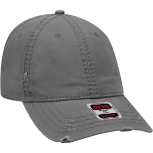 A grey 6 panel dad hat with a distressed look and a logo on the front.