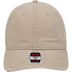 A khaki 6 Panel Low Profile Dad Cap with a logo on the front and a relaxed fit design.