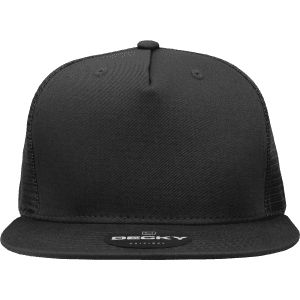 A black 5 Panel High Profile Structured Trucker hat featuring a mesh back and a branded patch on the front.