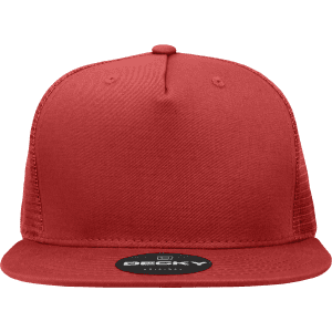 A high-profile structured trucker cap in a vibrant red colour, featuring a logo on the front.
