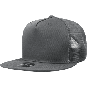 A grey 5 Panel High Profile Structured Trucker cap with a mesh back and a branded tag.