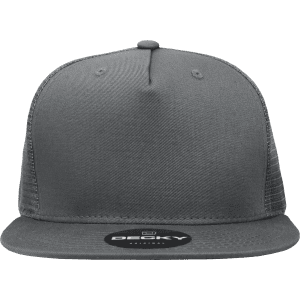 A high-profile structured trucker cap in grey with a mesh back and a branded logo on the front.