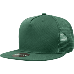 A green 5 panel high profile structured trucker cap with a mesh back and a branding logo.