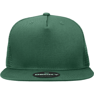 A dark green 5-panel high profile structured trucker cap featuring a solid front and mesh back, with a logo on the brim.