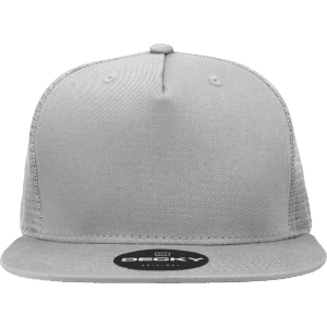 A grey high-profile structured trucker cap with a mesh back and a circular logo on the brim.