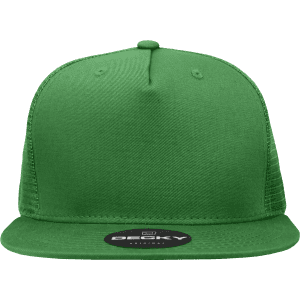 A green 5 panel high profile structured trucker cap with a flat brim and a branded logo.