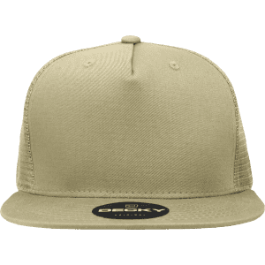 A high-profile structured trucker hat in khaki with a mesh back and a logo on the front.