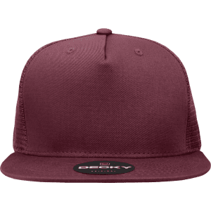 A high-profile structured trucker cap in burgundy with a textured mesh back and a branded logo on the front.